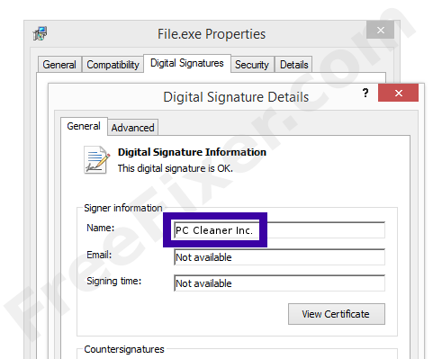 Screenshot of the PC Cleaner Inc. certificate